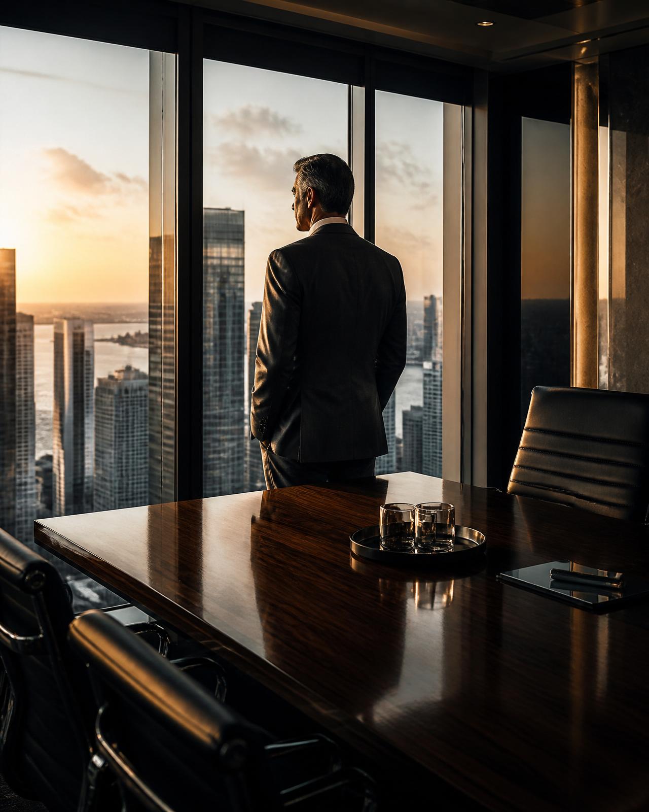 Executive at a Class A commercial office overlooking a Southeast skyline at golden hour